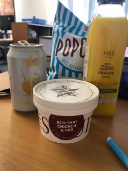 13:00 - At lunchtime, I usually grab food from someplace nearby, or get a heat-up meal from the corner M&S and have it at my desk. On Starbucks days it is difficult to bring food from home.
